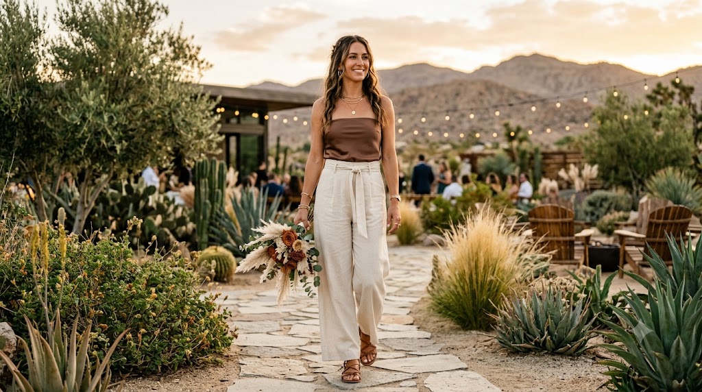 Earthy Mocha Satin Tube Top & High-Waisted Cream Linen Pants
